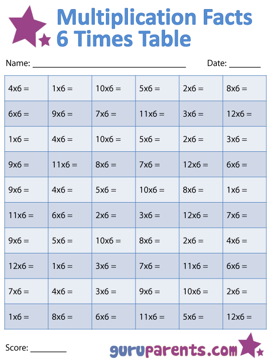 6 Times Table Multiplication Facts Worksheet