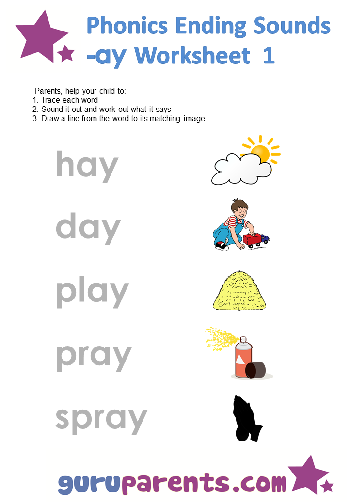 Phonics Ending Sounds Worksheets -ay